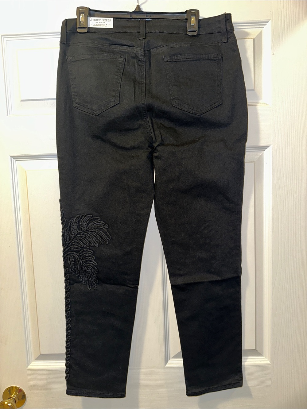 NWT Chico's Black Girlfriend Slim Leg Ankle Jeans with Side Embroidery - Size 12